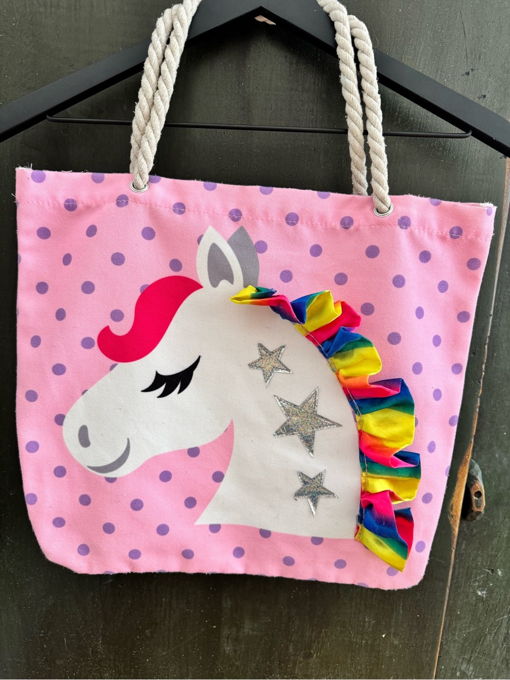 Limited Too Pink Unicorn Tote with Rainbow Ruffle Mane and Polka Dots
